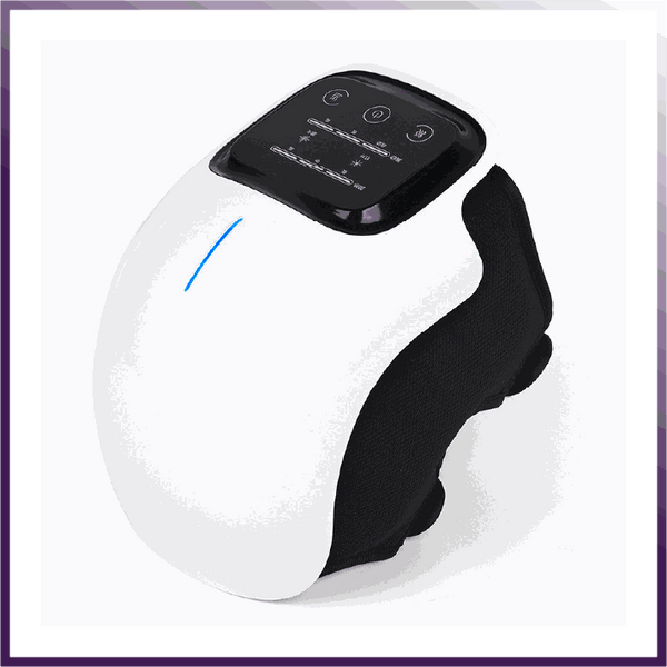 Wireless smart knee massager with pulse technology, hot compress, and adjustable Velcro strap for pain relief and recovery.