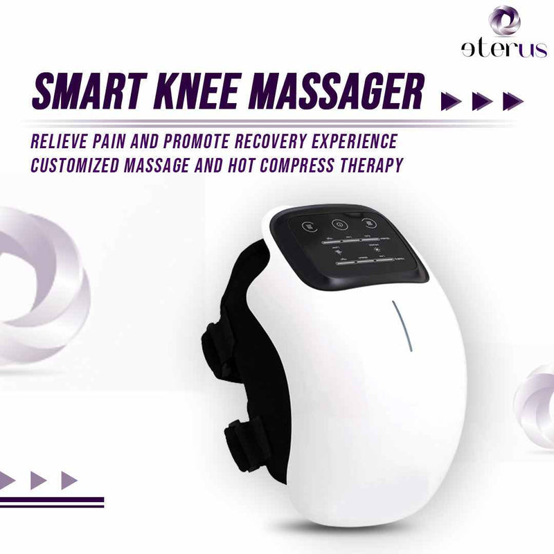 Smart Knee Massager with wireless remote, hot compress, vibration therapy, adjustable straps, and customizable intensity for pain relief and recovery.